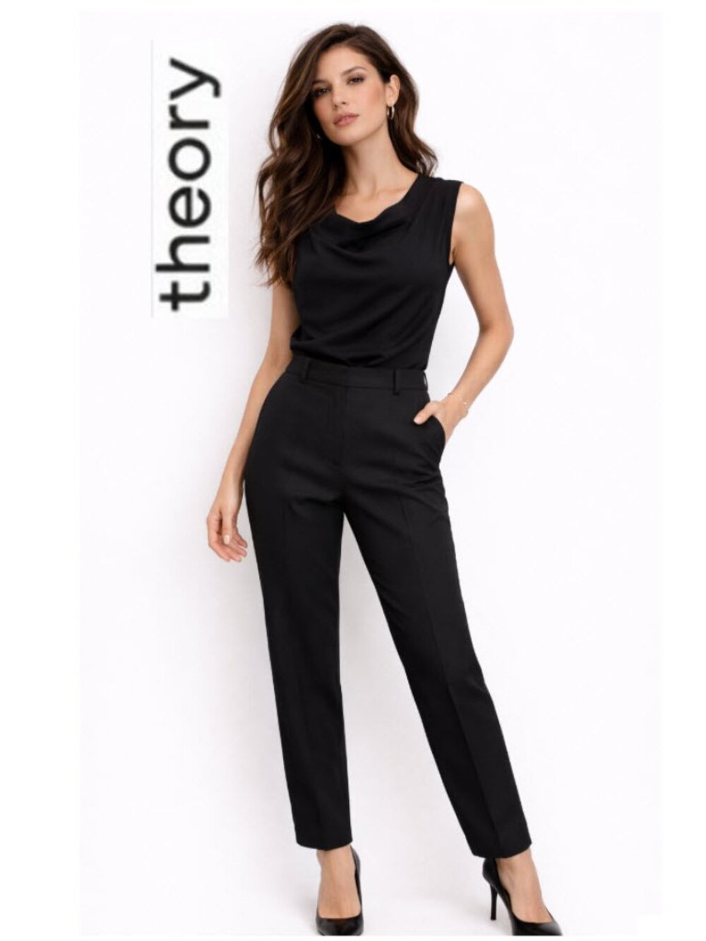 Theory Wool Black Tailored Pants Work Straight Trouser 8 Preppy Designer Chic